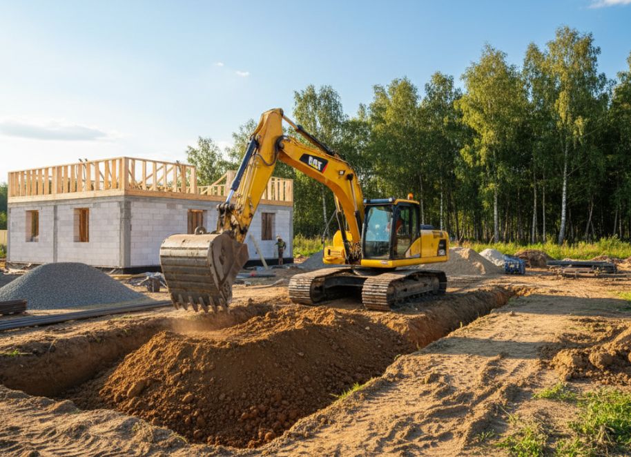 Экскаватор работает на площадке строящегося дома